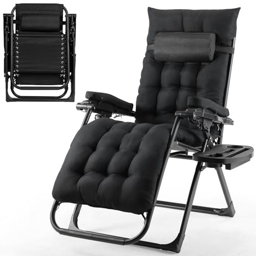 TLGREEN Sonnenliege, Gartenliege, Liegestuhl klappbar, Tragfähigkeit 160KG, Abnehmbares Sitzkissen, Verstellbare Rückenlehne, Nackenkissen & Getränkehalter, Outdoor Sessel, Strandliege, Schwarz