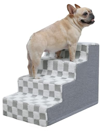 KSIIA Dog Stairs for Small Dogs & Cats Pet Stairs Supportive 4-Tier Pet Steps for Bed Couch Sofa Chair, No-Slip Cat Steps with Removable Washable Cover, 24 D x 15 W x 17.5 H, Grey