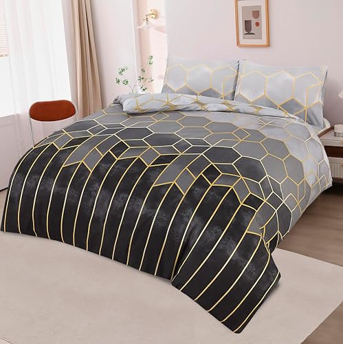 KNIGHTS BRIDGE Luxury 4 Piece Egyptian Cotton Bedding Set – Duvet Cover, Fitted Sheet & 2 Pillowcases – Hotel Quality – Geometric/Greek/Damask Patterns – Machine Washable (Double, Geometric Black)