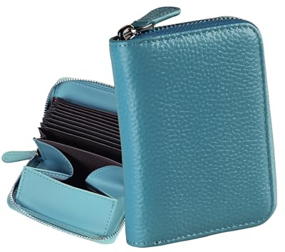 Jexmigo RFID Blocking Leather Wallet for Women – Genuine Credit Card Holder, 12 Card Slots, Large Anti-Leak Coin Purse, Compact Small Purse with YKK Zip, Ladies Card Holder Wallet (Blue)