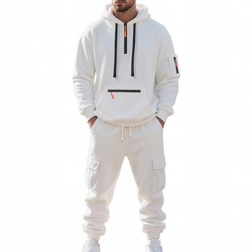 MSIYOW Tuta Uomo Completa Felpe con Cappuccio e Pantaloni Tute Sportive Invernale Jogging Tuta Casual(L, Bianco)
