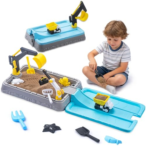 Kids Excavator Sandbox with Cover, Construction Sandbox Set with Beach Toys & Dump Truck, Outdoor Educational Play Set for Toddlers Ages 3-12