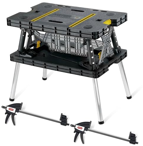 Keter Heavy-Duty Folding Workbench with 1,000 Pound Capacity - Foldable Work Table for Garage, Woodworking, and Outdoor Workshop with 12 Inch Adjustable Clamps