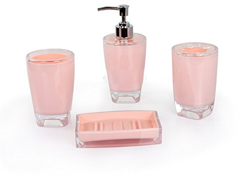 Fingey, set di 4 accessori da bagno in ceramica dal design moderno, con portasapone, portaspazzolino, dispenser di sapone e bicchiere per risciacquare Pink