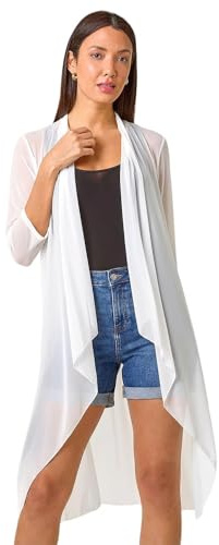 Roman Women's Mesh Sheer Longline Kimono - Ladies Fashion Cover ups for Formal Fancy Casual Everyday Work Evening Dinners Party Christmas New Years Occasions - Ivory - Size 16