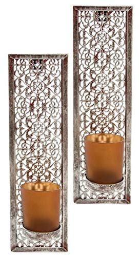 elbmöbel Wandkerzenhalter 2er Set Metall | Teelichthalter Ornament-Wanddeko rechteckig 30x9x10 cm – romantischer Wandschmuck im Vintage-Stil