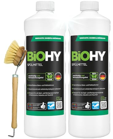 BiOHY Detersivo per piatti (2 bottiglie da 1l) + Pompetta Dosatrice | Privo di sostanze chimiche nocive e biodegradabile | Formula lucida e dissolvente per grassi (Spülmittel)