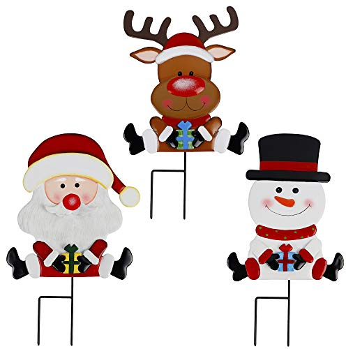 Lulu Home Confezione da 3 cartelli natalizi in metallo, con pupazzo di neve, Babbo Natale, renna, paletti decorativi da giardino per vacanze, cortile, prato, decorazione esterna