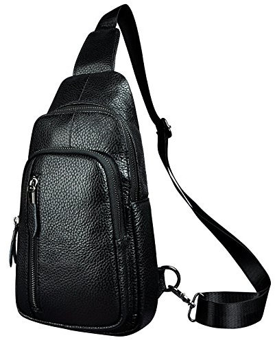 Le’aokuu Herren Echtes Leder Brusttasche Crossbody Bag Sling Bag Schultertasche Gurteltasche Umhängetasche Rucksack Brustbeutel Für Outdoor Sport Reisen(8005 B Schwarz)