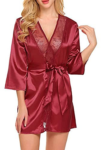 TOEECY Vestaglia Donna Kimono Raso Accappatoio Corto con Pizzo Camicia da Notte Elegante Vestaglia Sposa Damigella Robe Pigiama Satin Morbido Vestaglia Notte