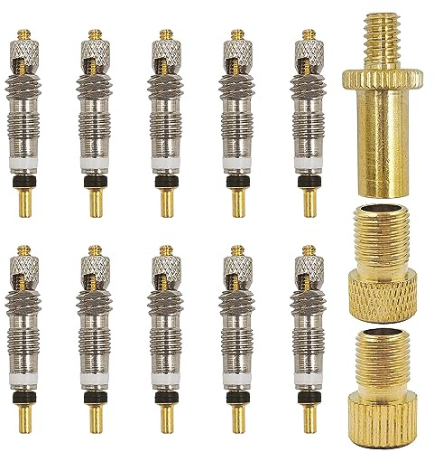 Lot de 10 noyaux de Valve Presta avec 3 adaptateurs de Valve Presta vers Schrader, Valve de Rechange en Laiton sans Chambre à air et convertisseur de Pneu pour vélo, VTT, vélo de Route, Pompe à Tube