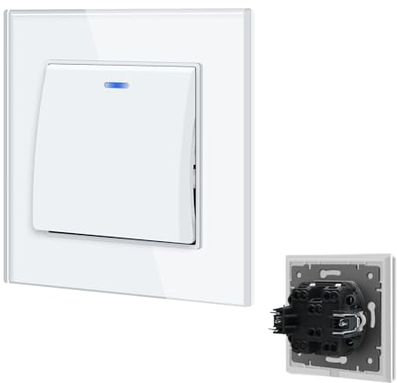 BSEED Lichtschalter Unterputz mit Steckklemme, Lichtschalter Glas 1 Fach 1 Weg, Taster Schalter Unterputz mit LED Kontrollleuchte, Light Switch Wandschalter für Wohnzimmer, Büro, Küche-Weiß