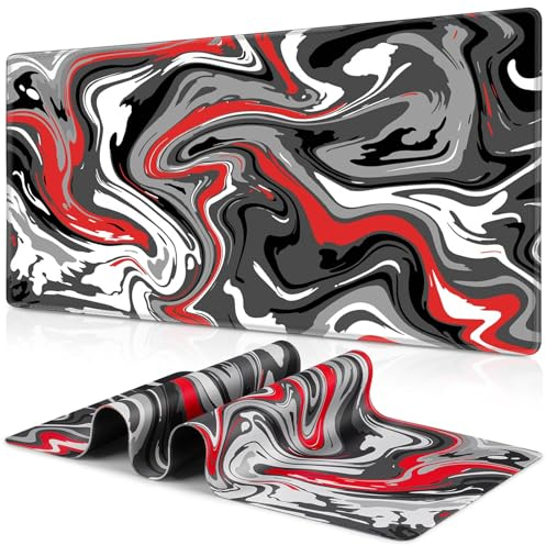 LeKuni Stor spelmusmatta, gaming-musmatta med kantsömmar, skrivbordsunderlägg, skrivbordstillbehör, halkfri gummibas, XXL, 900 x 400 mm – röd