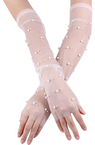Nayubo Bridal Lace Gloves Elegant Long Fingerless Gloves Women Tulle Gloves Wedding Gloves for Bride Elbow Length Mesh Sleeve for Wedding Costume Party (White)