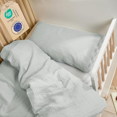 Laleni Parure de lit pour enfant - 100 x 135 cm - En mousseline de coton - Taie d'oreiller 40 x 60 cm - Certifié Oeko-Tex - Bleu