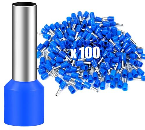 Powice Lot de 100 Connecteurs Embouts de Câble - 10 mm² - 18 mm - Partiellement Isolés - Pour Raccordement de Câble (Bleu)