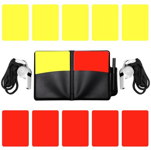 Schiedsrichter Karten Set Kinder,12 Stück PVC Rote Karte Gelbe Karte Fußball,mit 2 Metall Schiedsrichter Pfeife mit Stiftezubehör und Tasche,Schiedsrichter-Tool für Fußballspiele für den Wettbewerb