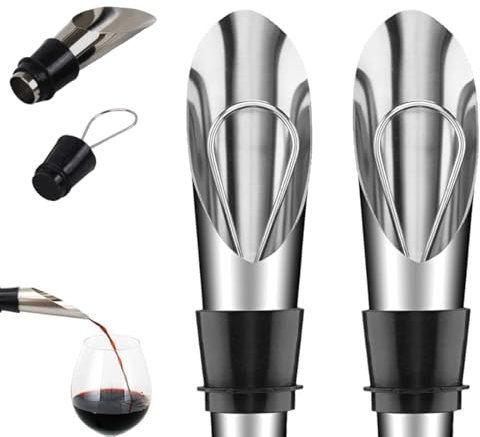 2 Set Vino Versatore e Tappo Versatore per Vino, BQRKOTM 2-in-1 in Acciaio Inox e Tappo, Versatore Professionale, per la Conservazione di Champagne e Vino