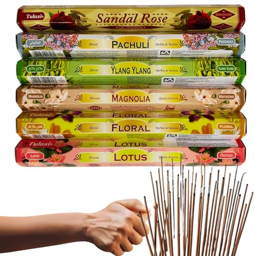120 Varillas de Incienso Natural | 6 fragancias Florales: Ylang Ylang, Patchouli, Sándalo y Rosas, Floral, Lotus y Magnolia | Elevan el Espíritu y Crean un Ambiente de Paz, Relajación y Armonía