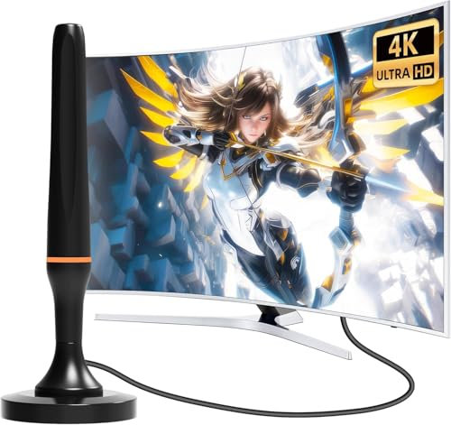 Digital Indoor Tv Aerial for Smart Tv, Freeview Tv Ariels Indoor, High Gain Portable HDTV Antenna for Television 4K 1080P - With Magnetic Base, 8.2ft Cable