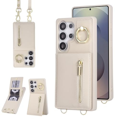 Jcxtrombulous Fodral för Galaxy S25 Ultra RFID telefonfodral med kreditkortshållare plånbok dragkedja snodd ring plånbok kvinnor-vit