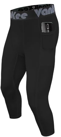 VanKee Men's Compression Trousers 3/4 with Pockets Sports Running Leggings Fitness Tights Pants Quick Drying Sweat Base Layer Bottoms for Basketball Soccer Yoga Gym Black