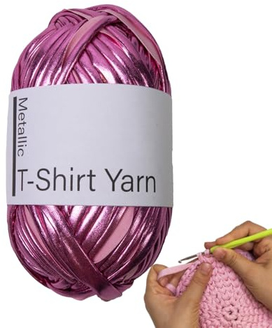 Metalliskt T-shirtgarn – 100 g glansigt handvävt tygremsor med enkelsidig färg, imitationsläder, glansigt tyg för virkade väskor, korgar – rosrosa