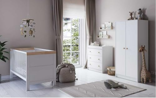 Little Acorns Florence 3-Piece Nursery Furniture Set, White, Cot Bed with Dresser and Wardrobe