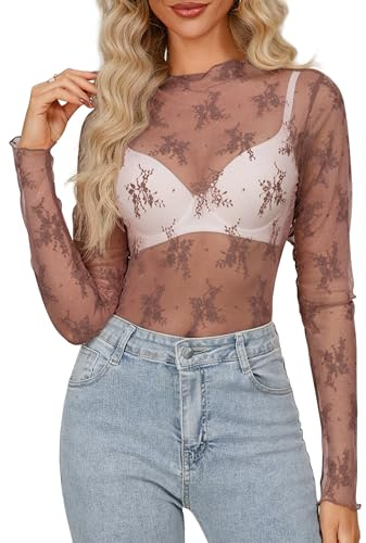 Homlan Haut Sexy en Maille Fine pour Femme Manches Longues Transparent Col roulé Haut à Motif Floral Clubwear, Marron, M