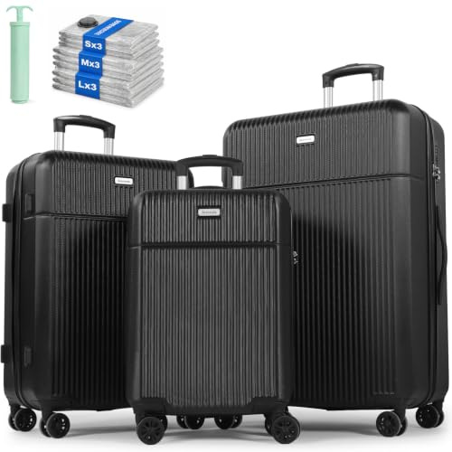 Tavoxda 3 Piece Luggage Sets, ABS Hardshell Suitcase Set for Family Travel | 20''+24''+28'' Travel Suitcase Set of 3 Piece with TSA Lock, Durable 4 Spinner Wheels, Telescopic Handle for Men Women-Black