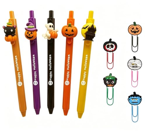 Regalos de Halloween, bolígrafos de gel borrables, 5 bolígrafos y marcadores, juego de escritura con calabaza, espíritu de bruja, decoración de Halloween, para escuela, oficina, adultos, niños y niñas