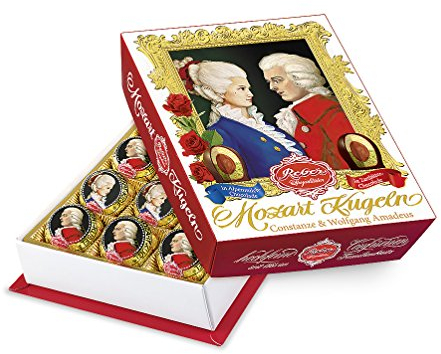 Reber Wolfgang & Constanze Mozart-Kugeln Barock, 12er Packung, Mozart-Kugeln aus Zartbitter- Alpenmilch-Schokolade, Gefüllt mit Pistazien, Marzipan, Mandeln, Haselnuss-Nougat, 240g