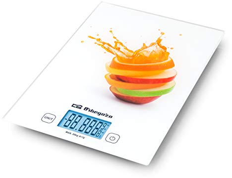 Orbegozo PC 2025 - Báscula cocina digital, superficie de cristal templado (29,5X21 cm), capacidad máxima 20 Kg, escalado 1 g, función tara, control táctil