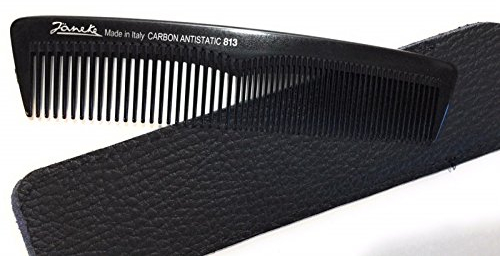 Jäneke Carbon-Kamm 55813 Taschenkamm 5 1/2 Zoll (antistatisch) mit Echt - Leder - Etui in schwarz