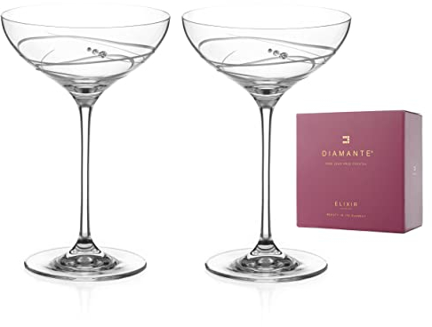 DIAMANTE Champagne or Prosecco Saucer Cocktail Glasses Pair - 'Soho' - Embellished with Swarovski Crystals - Gift Box of 2