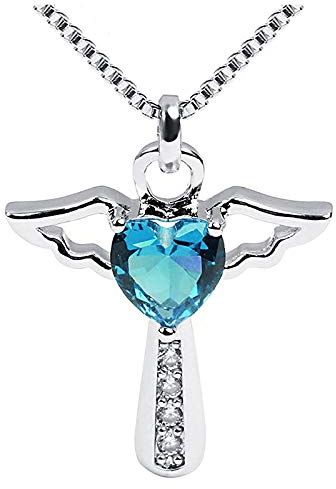Birthstone Cross Necklace Crystal Angel Wing Pendant Necklace Chain Heart Charm Jewelry for Women Girls Mom Gifts (Blue)
