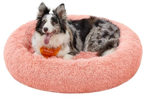 Feandrea Panier pour Chien, Lit Ronde en Forme de Beignet, Canapé, Coussin Central Amovible et Lavable, Tissu Peluche Doux, Ø 100 cm, Rose PGW042R01