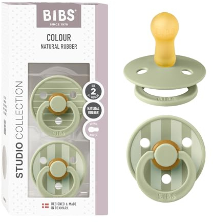 BIBS Colour Studio Soother 2-Pack, BPA Free Dummy Pacifier, Round Nipple. Natural Rubber Latex, Made in Denmark, Size 2 (6-18 Months), Pin Sage