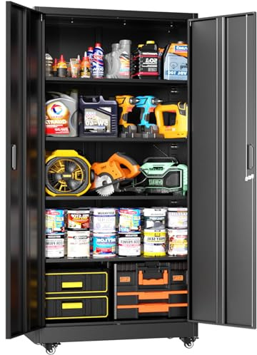 Greenvelly 73 Metal Storage Cabinet with Wheels, Lockable Rolling Metal Garage Cabinets with 2 Doors and 4 Adjustable Shelves, Rolling Tool Cabinet for Garage, Home Office, School