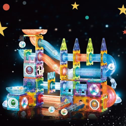 Magnetic Tiles Building Blocks with LED Lights,144 PCS Marble Run Track Brain Game Play Set,STEM Educational Magnet Construction Toy for Boys Girls Kids Creative Gifts Ages 5-12