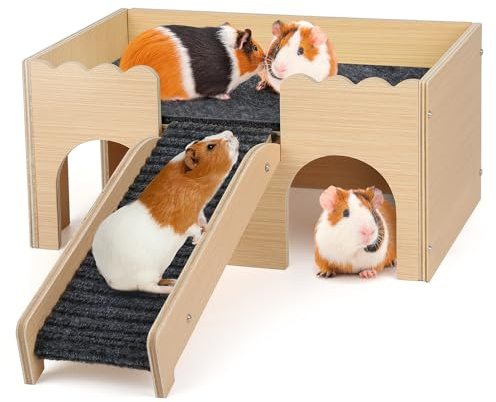 Wooden Guinea Pig Hideout Castle with Stairs,Small Animal Bed Hut Habitats Spacious 2-Level Detachable Small Pet House for Rabbits, Hamsters & Chinchillas Bunny (Grey)
