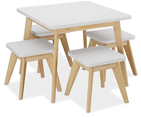 Relaxdays Kindersitzgruppe, 5-tlg., Kindertisch mit 4 Hockern, Mädchen & Jungen, Sitzecke fürs Kinderzimmer, weiß/natur