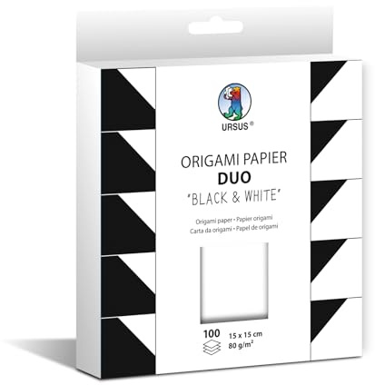Ursus 22905599F - Papel origami dúo Blanco y Negro, 100 hojas 80 g/m², tamaño 15 x 15 cm, papel plegable de color por las dos caras en blanco y negro, incl. instrucciones de plegado