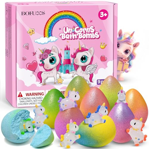 Bofuoos Regalo Bambina, Unicorno Bombe da Bagno con Giocattoli a Sorpresa all’interno, 9 Bombe da Doccia Regalo di Compleanno per Bambini, Idea Regalo Bambini (36+ Mesi)
