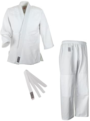 Ju-Sports Judoanzug Bonsai Weiß 140 I Leichter Judoanzug Kinder I Judogi inkl. weißem Gürtel I Mehrfach vernähter Schulter- & Brustbereich I 100% Baumwolle