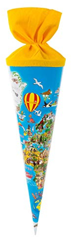 goldbuch 93 070 Geschwistertüte Weltkarte, Schultüte mit Weltkartenmotiv, Lackkarton, Geschenkverpackung mit gelbem Filzverschluss (ohne Verschlussband), Zuckertüte rund, Länge 35 cm, Ø 11,5 cm