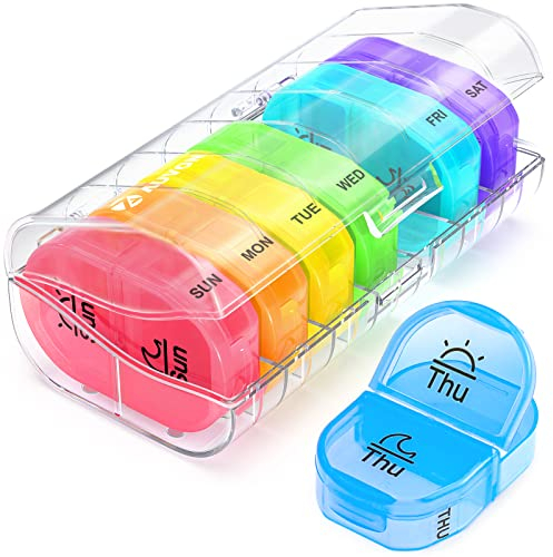 AUVON Pill Box Organiser, Travel Pill Boxes 7 Day 2 Times A Day with 7 Colorful Attachable Tablet Organiser for Medicine, Medication, Vitamin, Supplement and Fish Oil