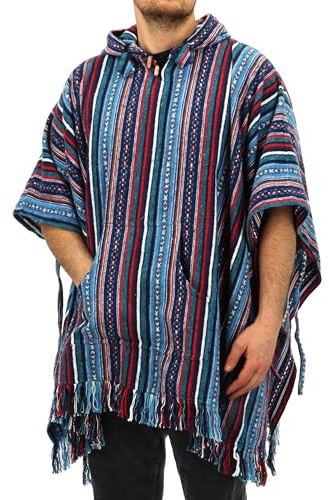 LOUDelephant 100% Woven Cotton Mexican Style Hooded Poncho Unisex One Size For Camping Festivals Fireside