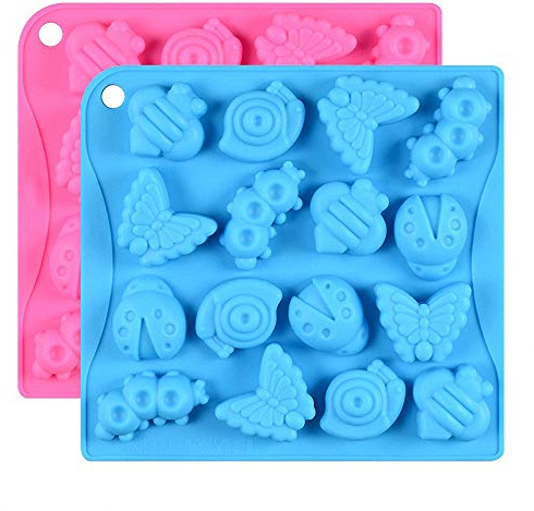 2Pcs 16 Cavity Insect Silicone Molds Butterfly Snail Ladybug Bee Bug Chocolate Candy Mold Insects Crayon Wax Melt Mini Soap Mould Ice Cube Tray (Random Colors)
