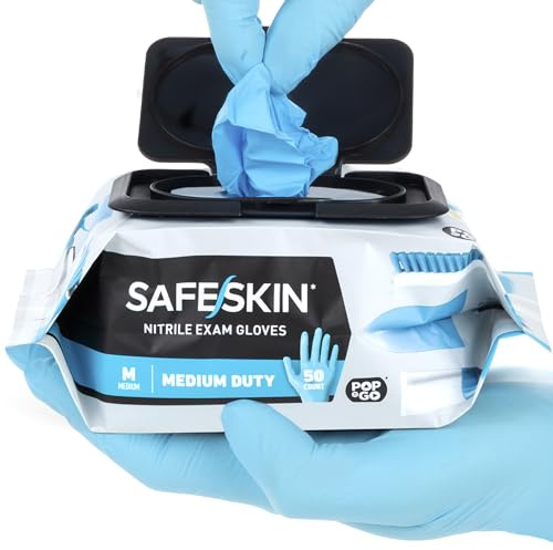 SAFESKIN Nitrile Disposable Gloves in Pack of 50, Medium Duty, Large Size, Powder Free - For Food Handling, First Aid, Cleaning, Gardening, Crafting - Premium Medical Exam Gloves
